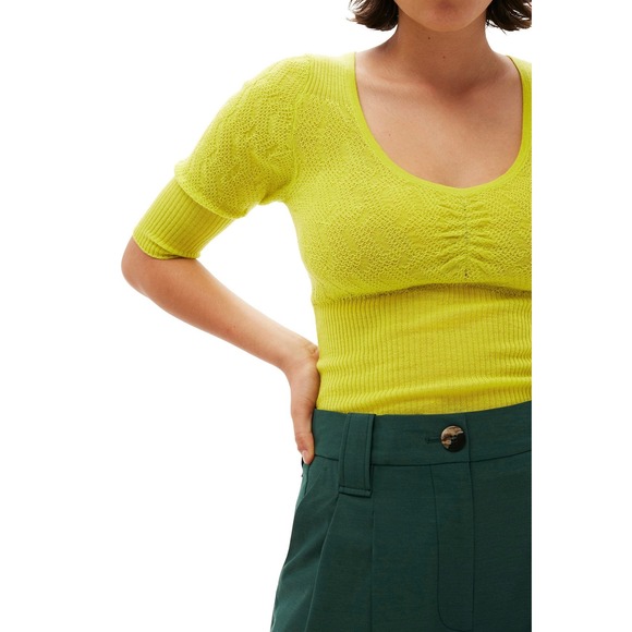 GANNI Tender Shoots Merino Lace Top Women XS Scoop Yellow Green Knit Sweater Top - Picture 2 of 16